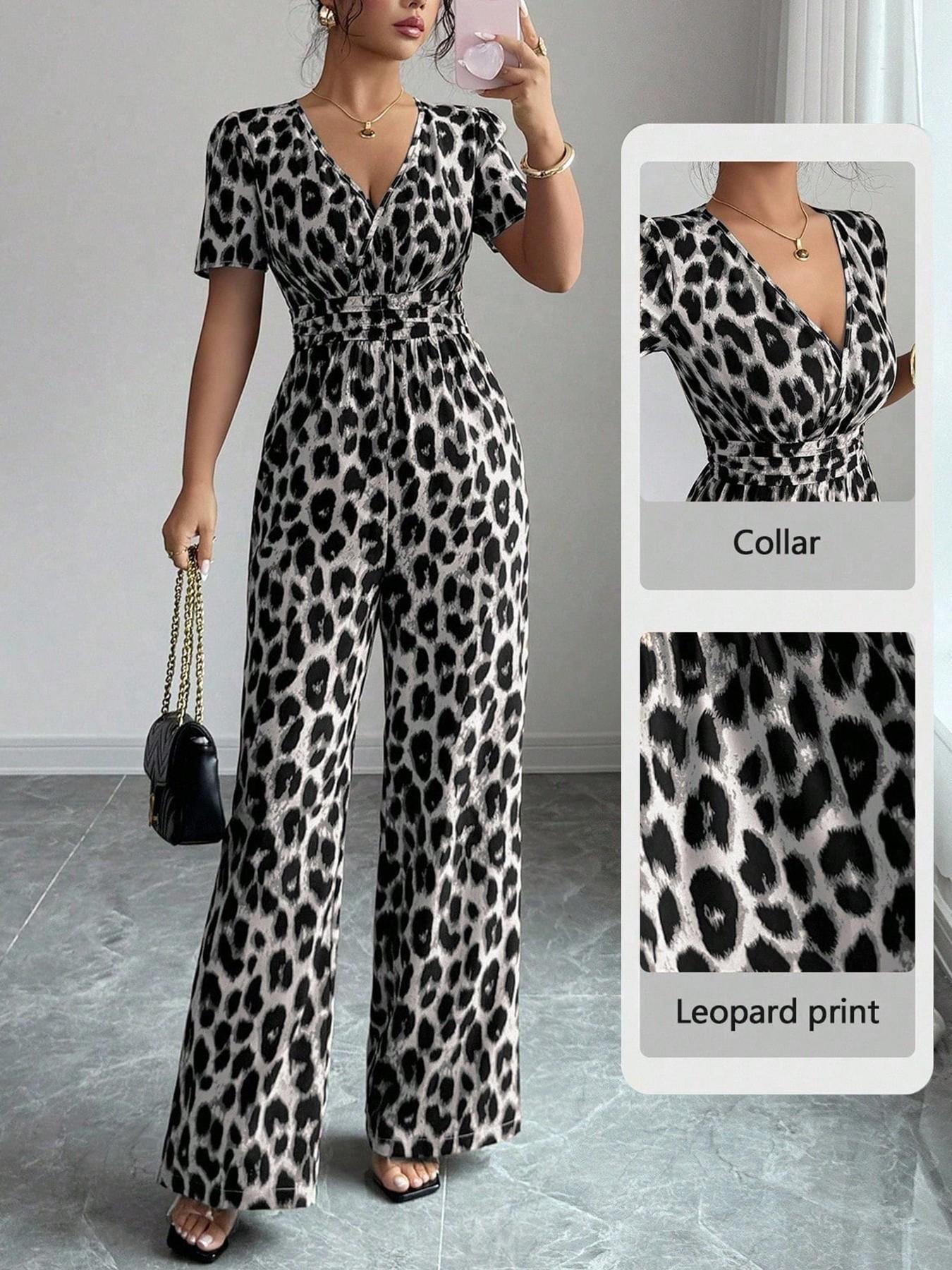Retro Leopard Print V-Neck Jumpsuit