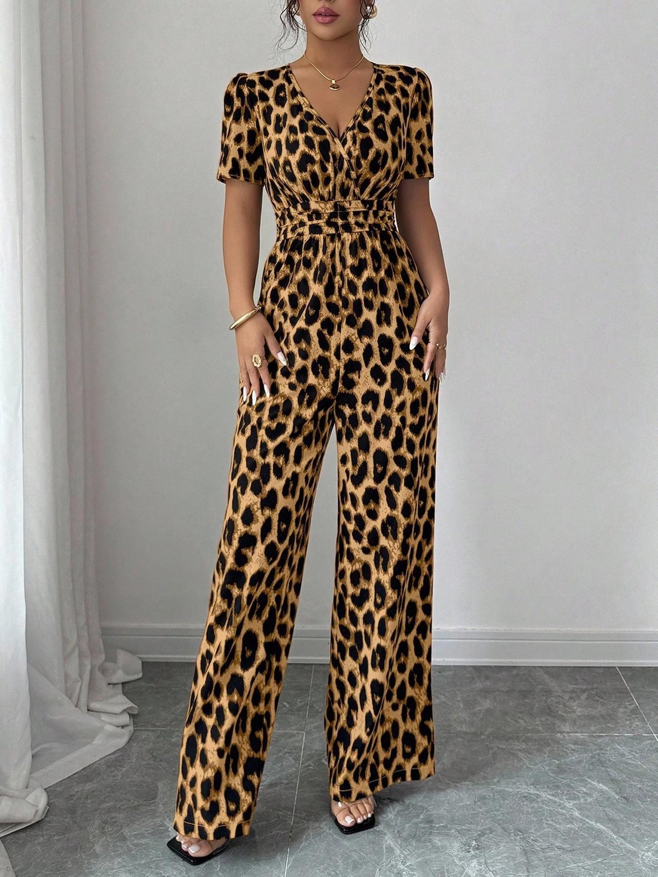 Retro Leopard Print V-Neck Jumpsuit
