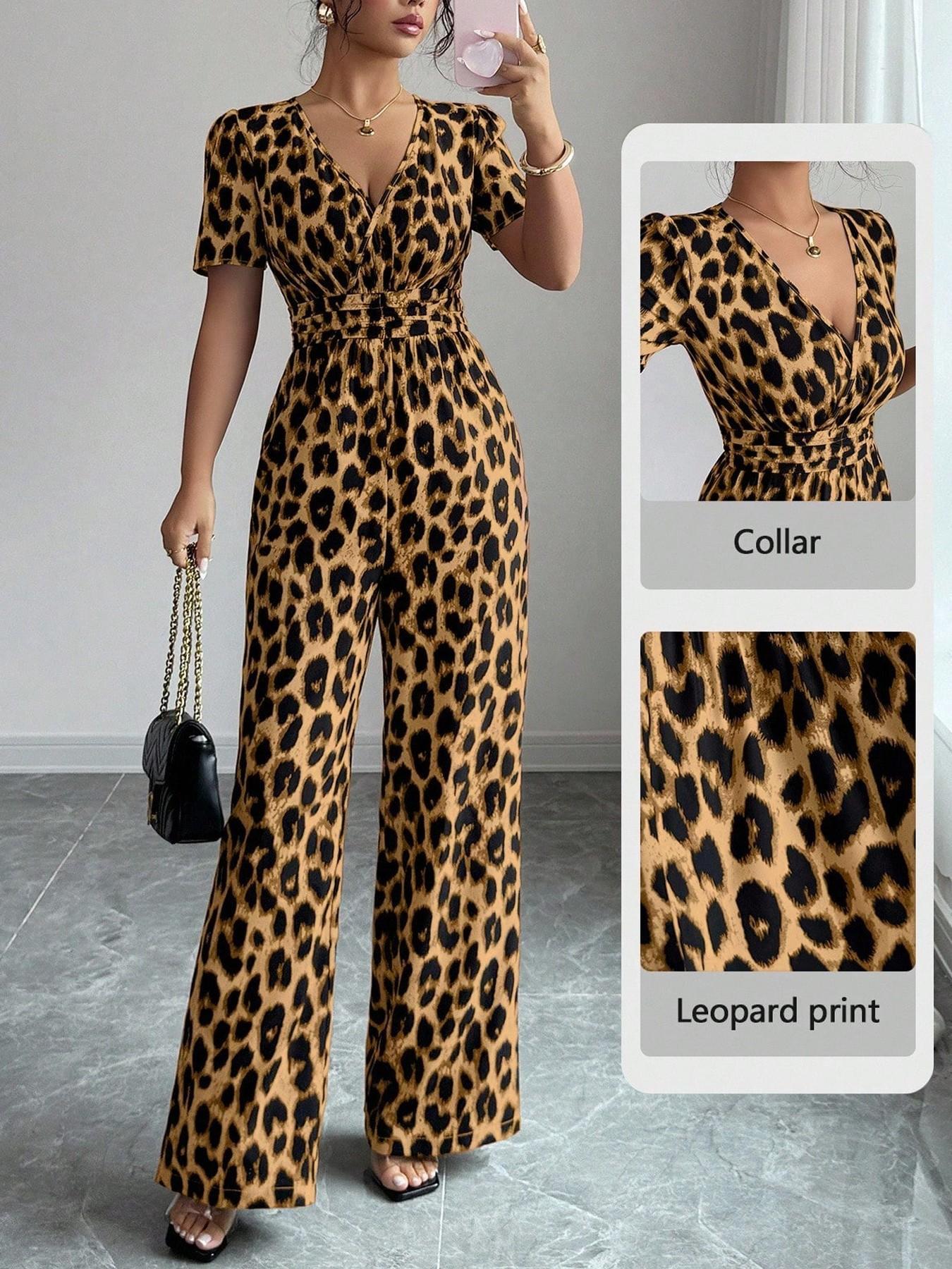 Retro Leopard Print V-Neck Jumpsuit